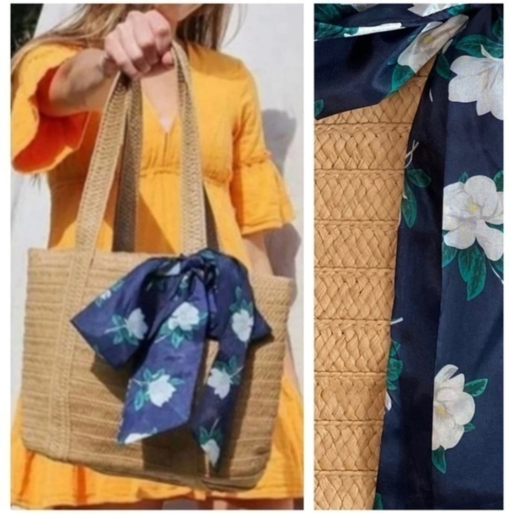 Draper James Everyday Straw Wicker Bag With Navy Blue Floral Scarf